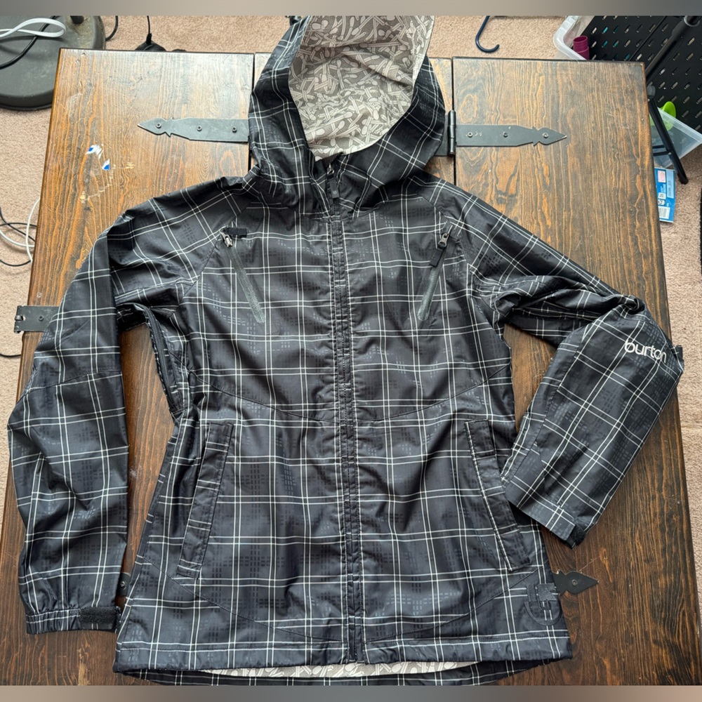 Burton Black and White rain/wind Jacket with Hood and Water-Resistant Material